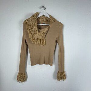 Vintage Powwow Womens Large Tan Ribbed Knit Sweater W/ Crochet Scarf Fringe Trim